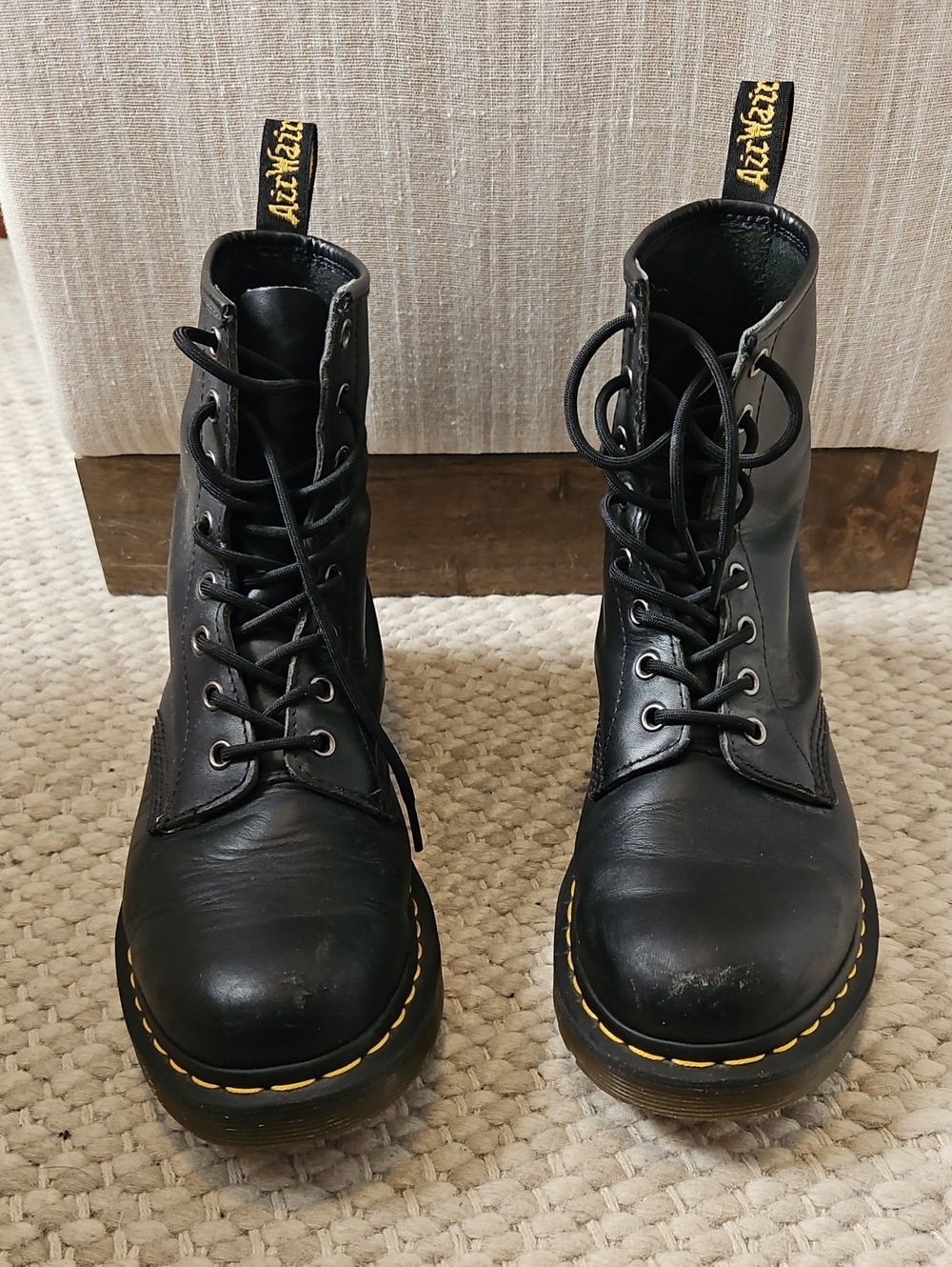 Dr. Martens Black Leather 8-Eye Lace-Up Boots with Yellow Stitching- 10